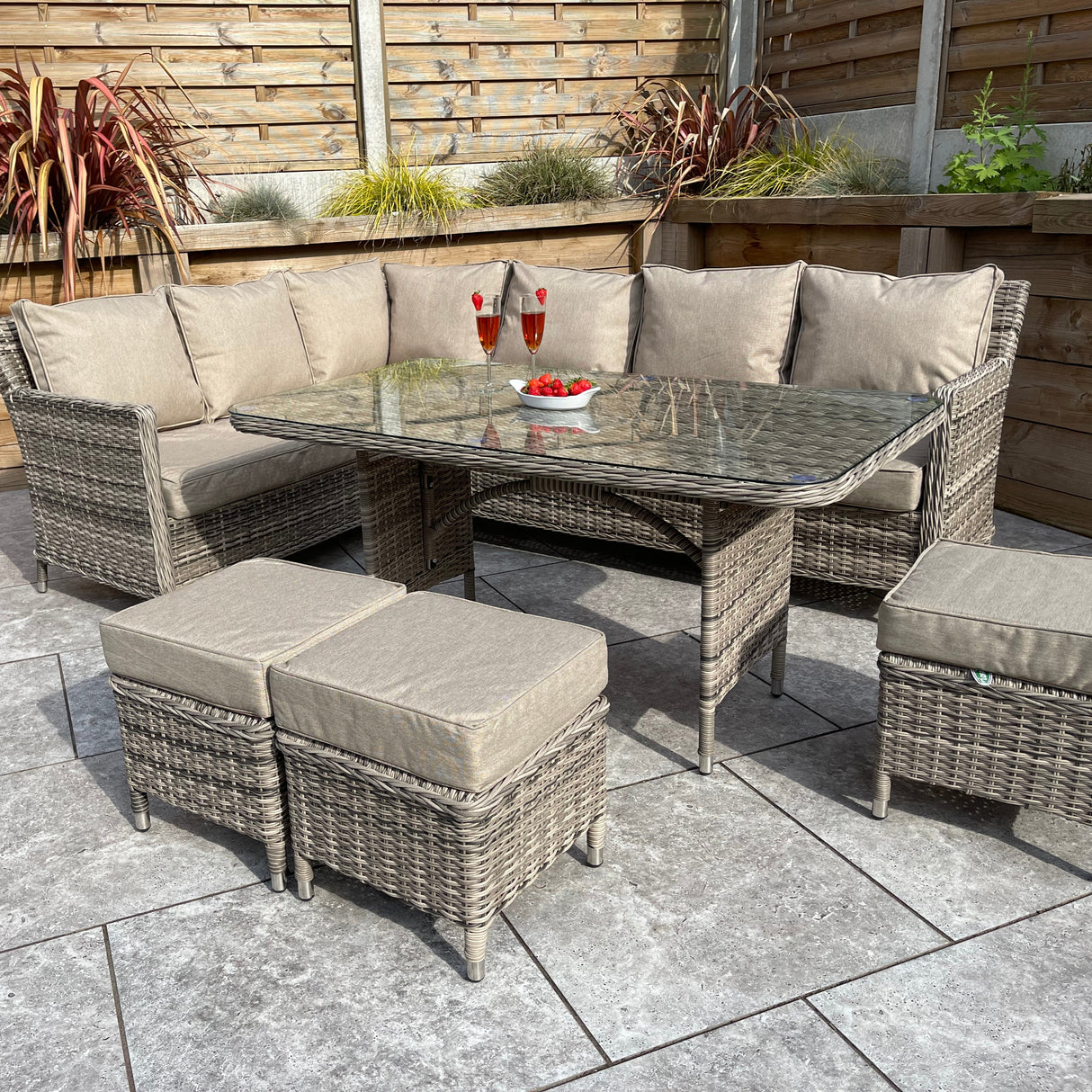 Signature Weave Edwina Corner Sofa Dining Set with Glass Top Table and 3 Ottomans - Mixed Nature Weave