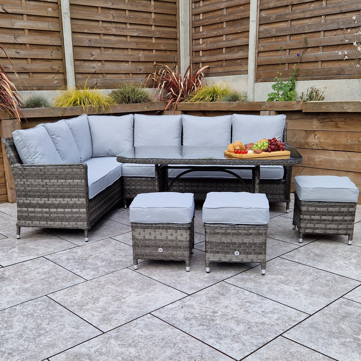 Signature Weave Edwina Corner Sofa Dining Set with Glass Top Table and 3 Ottomans - Multi Grey Wicker