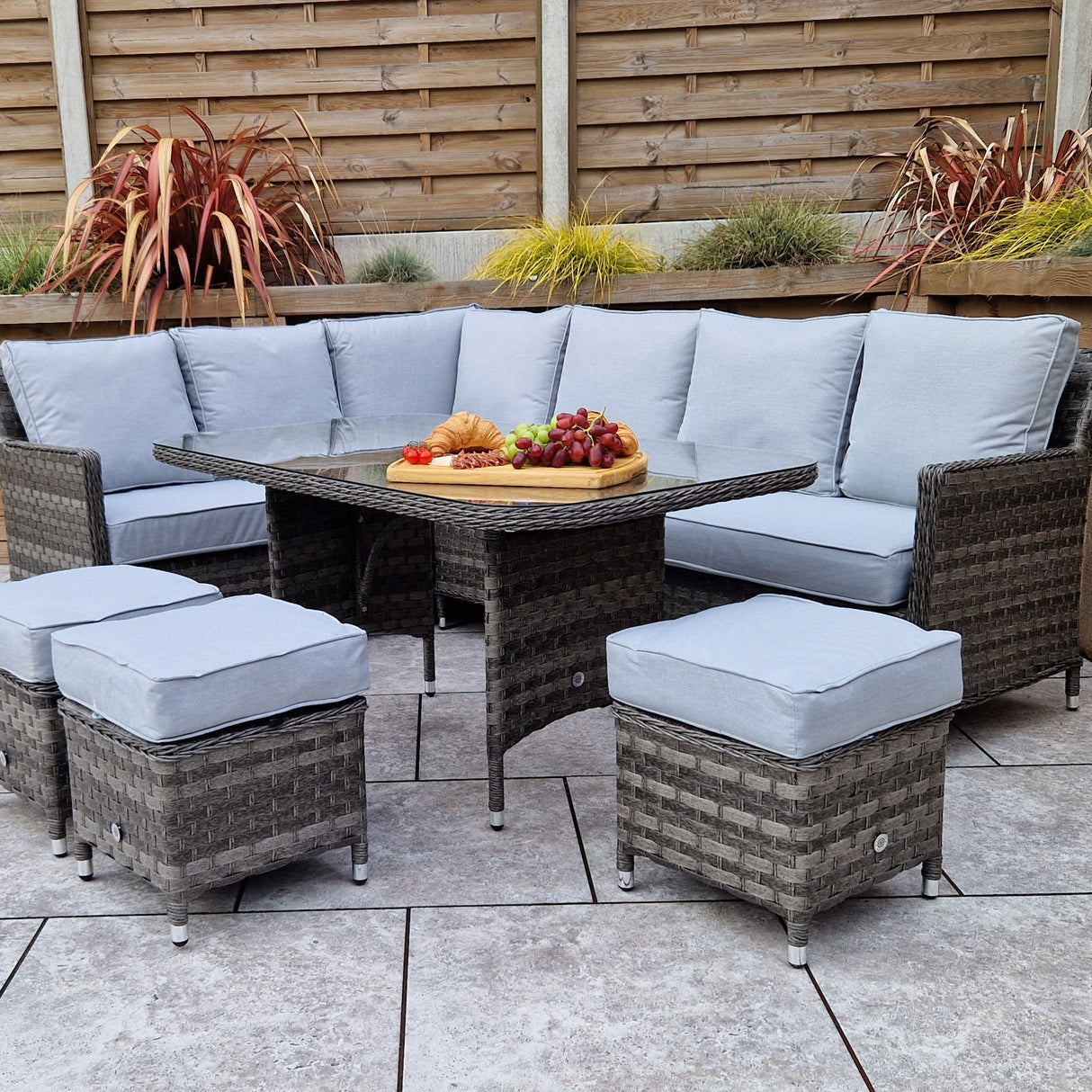 Signature Weave Edwina Corner Sofa Dining Set with Glass Top Table and 3 Ottomans - Multi Grey Wicker