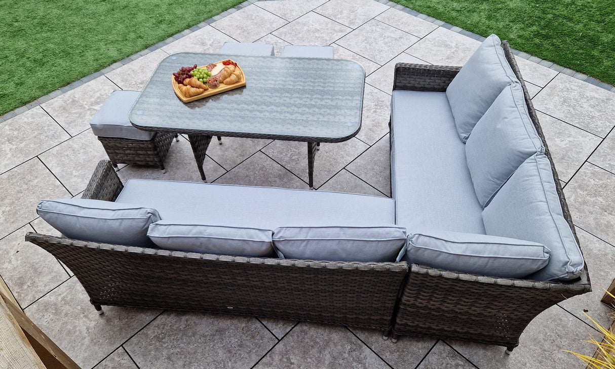 Signature Weave Edwina Corner Sofa Dining Set with Glass Top Table and 3 Ottomans - Multi Grey Wicker