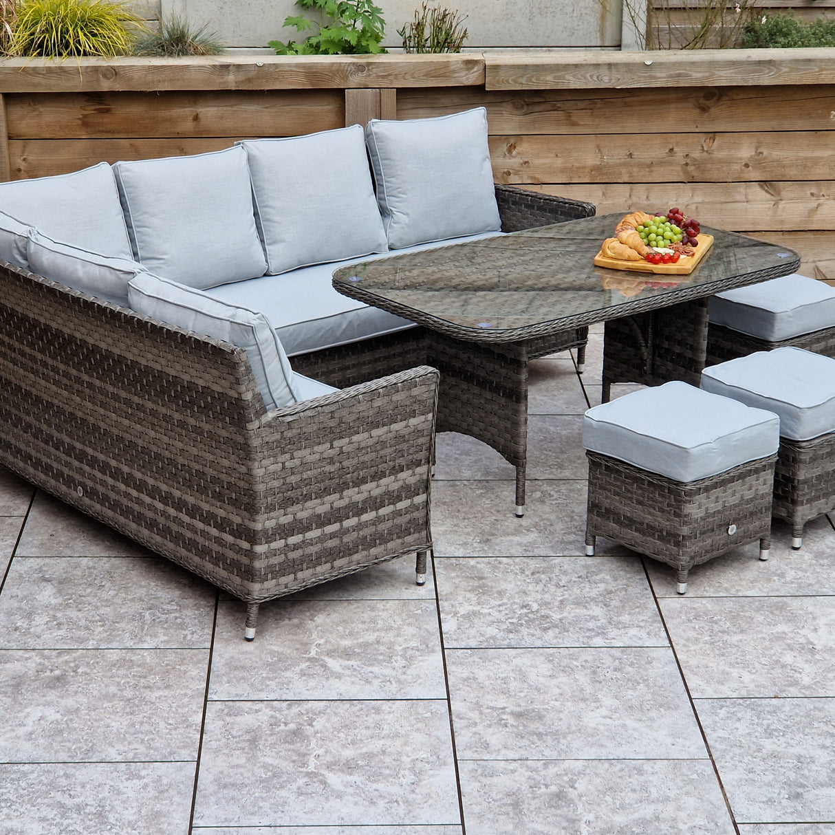 Signature Weave Edwina Corner Sofa Dining Set with Glass Top Table and 3 Ottomans - Multi Grey Wicker