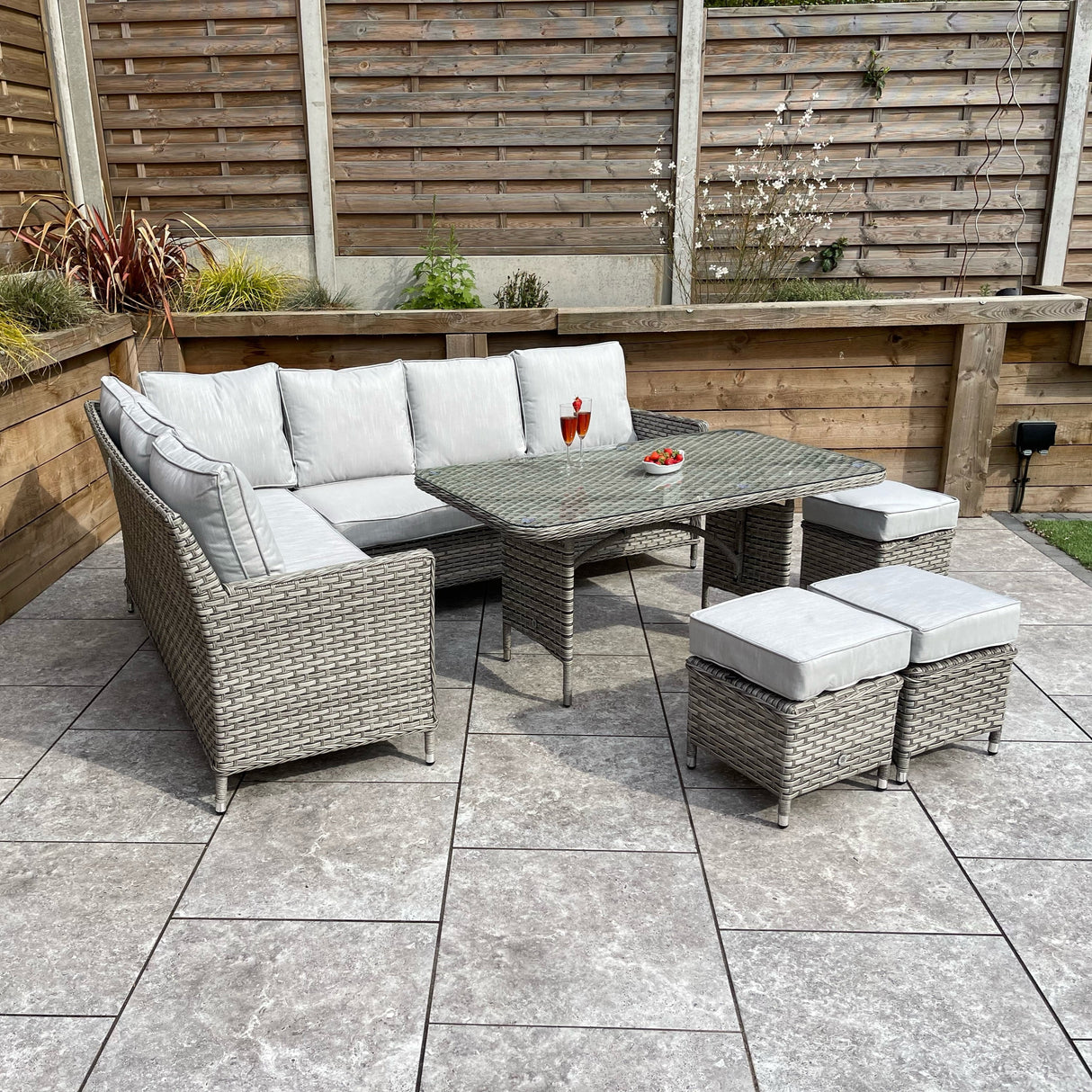 Signature Weave Edwina Corner Sofa Dining Set with Glass Top Table and 3 Ottomans - Wicker Special Grey