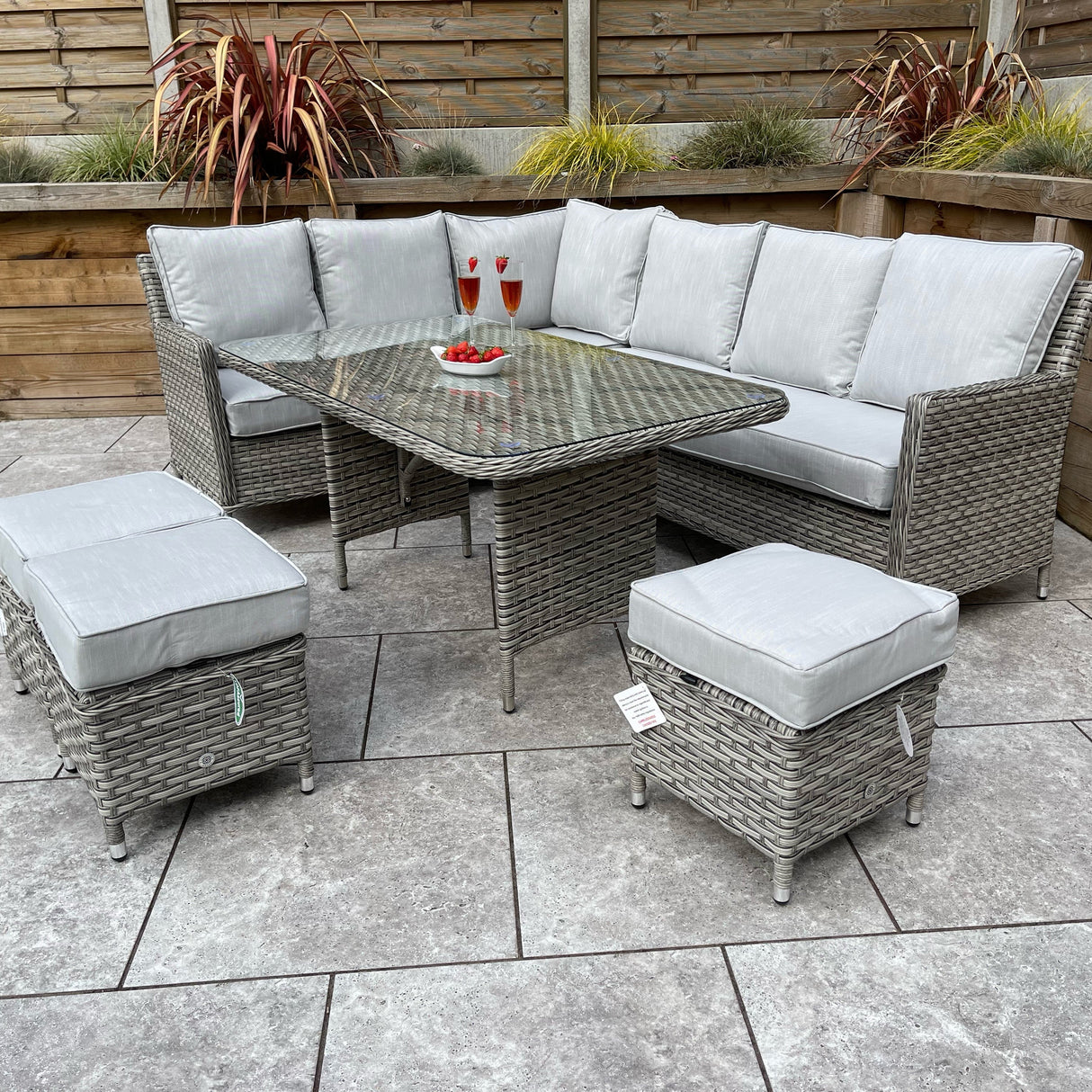 Signature Weave Edwina Corner Sofa Dining Set with Glass Top Table and 3 Ottomans - Wicker Special Grey