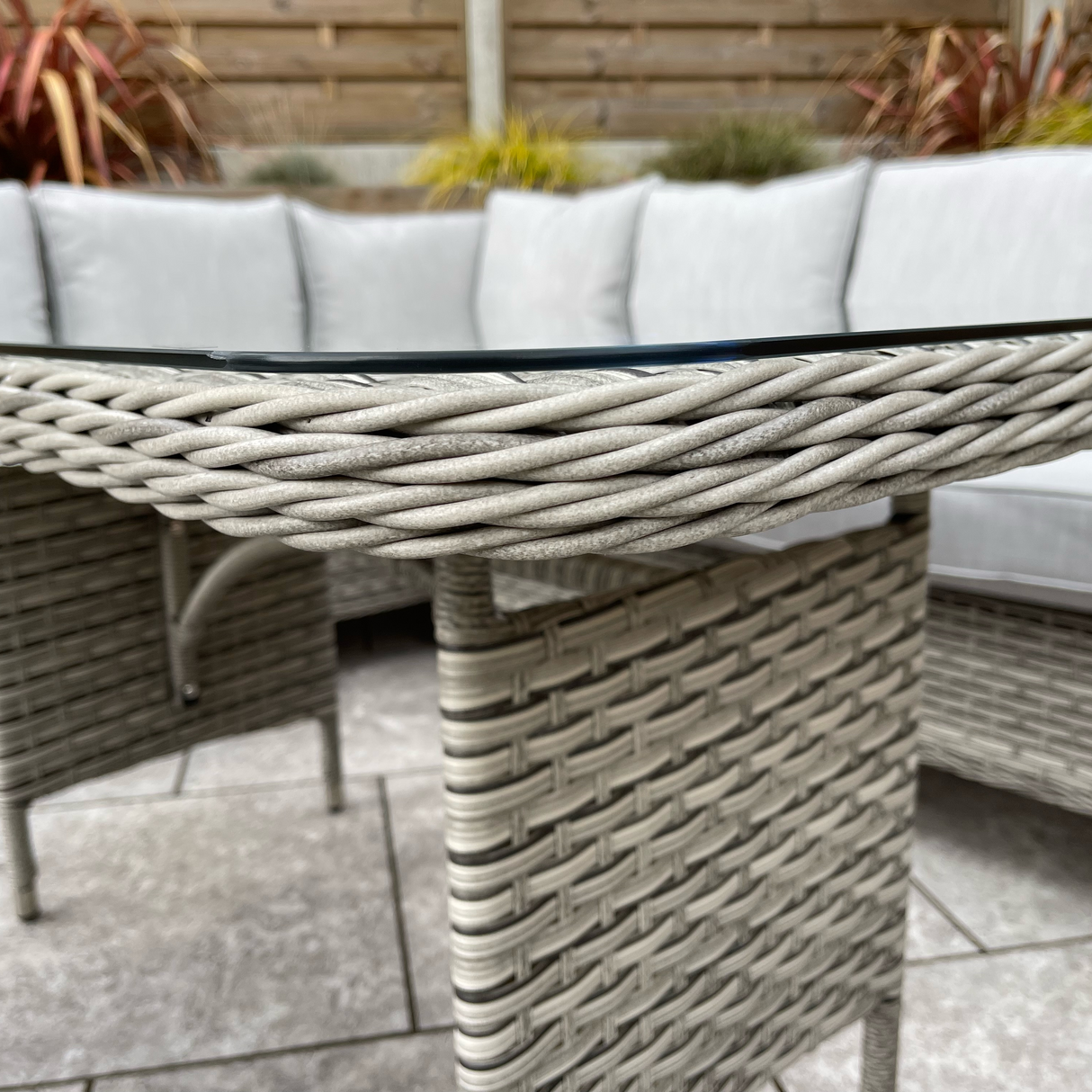Signature Weave Edwina Corner Sofa Dining Set with Glass Top Table and 3 Ottomans - Wicker Special Grey