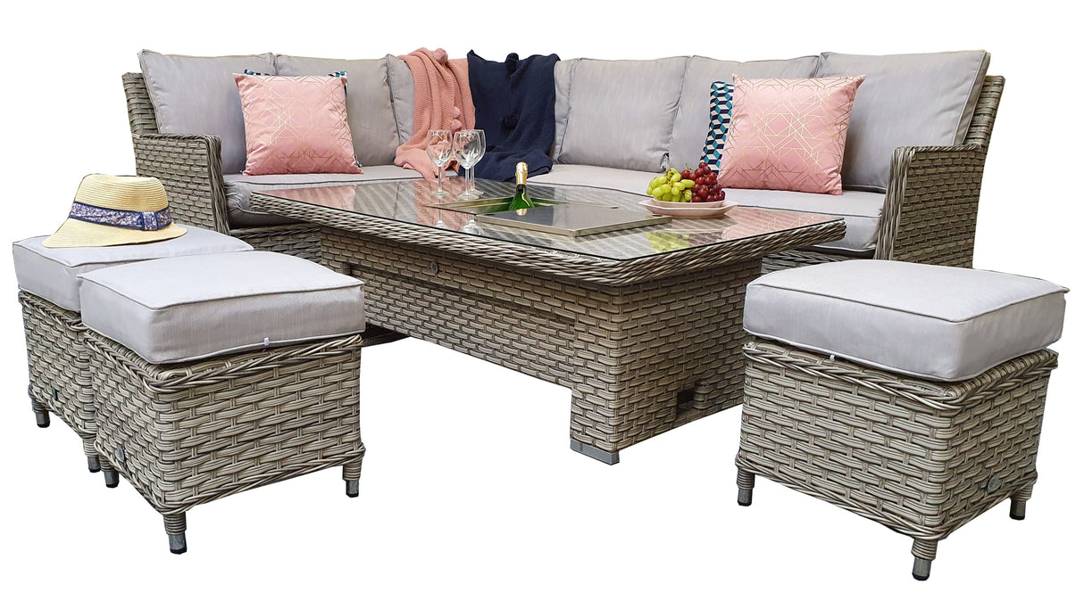 Signature Weave Edwina Corner Sofa Dining Set with Ice Bucket Lift Table and 3 Ottomans - Wicker Special Grey
