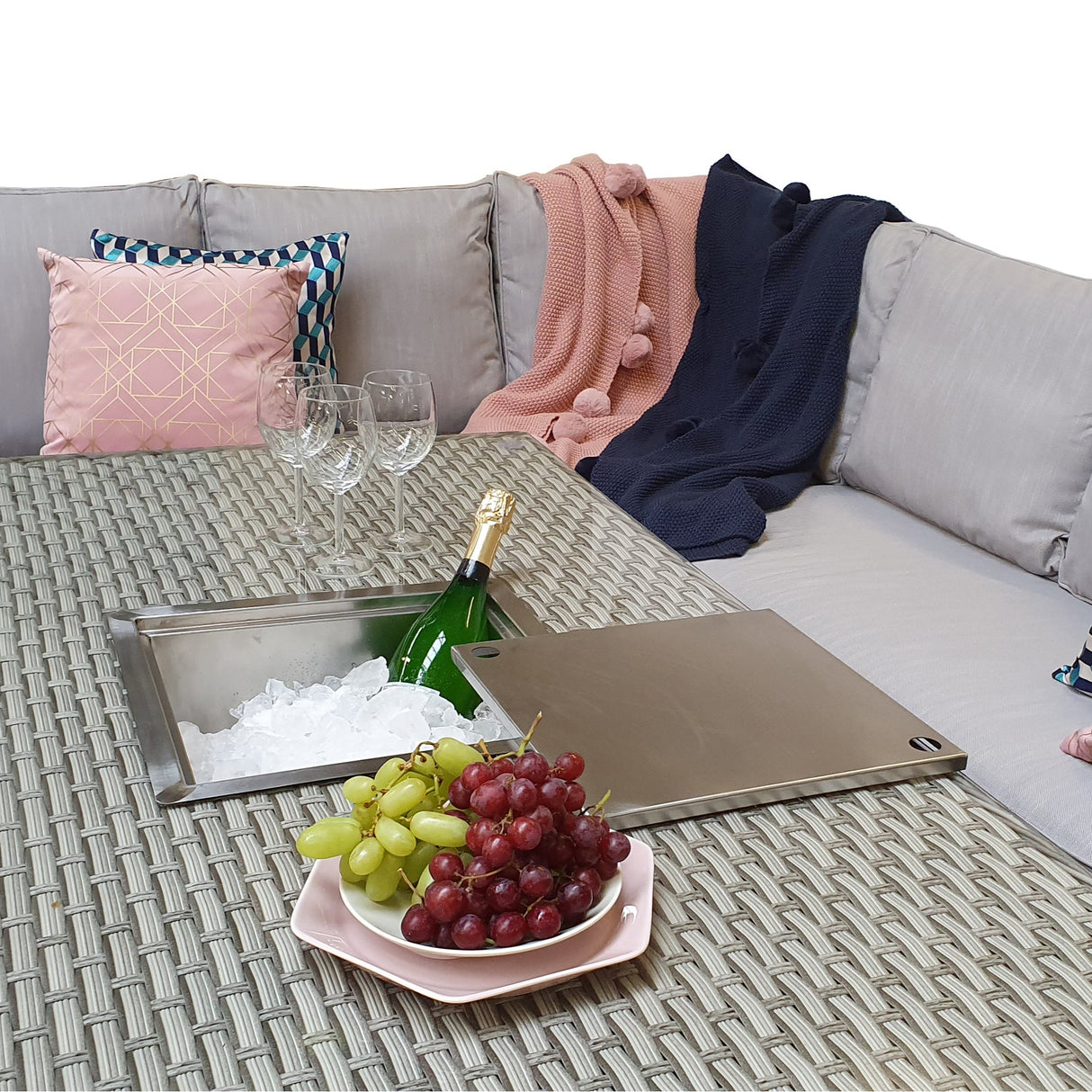 Signature Weave Edwina Corner Sofa Dining Set with Ice Bucket Lift Table and 3 Ottomans - Wicker Special Grey