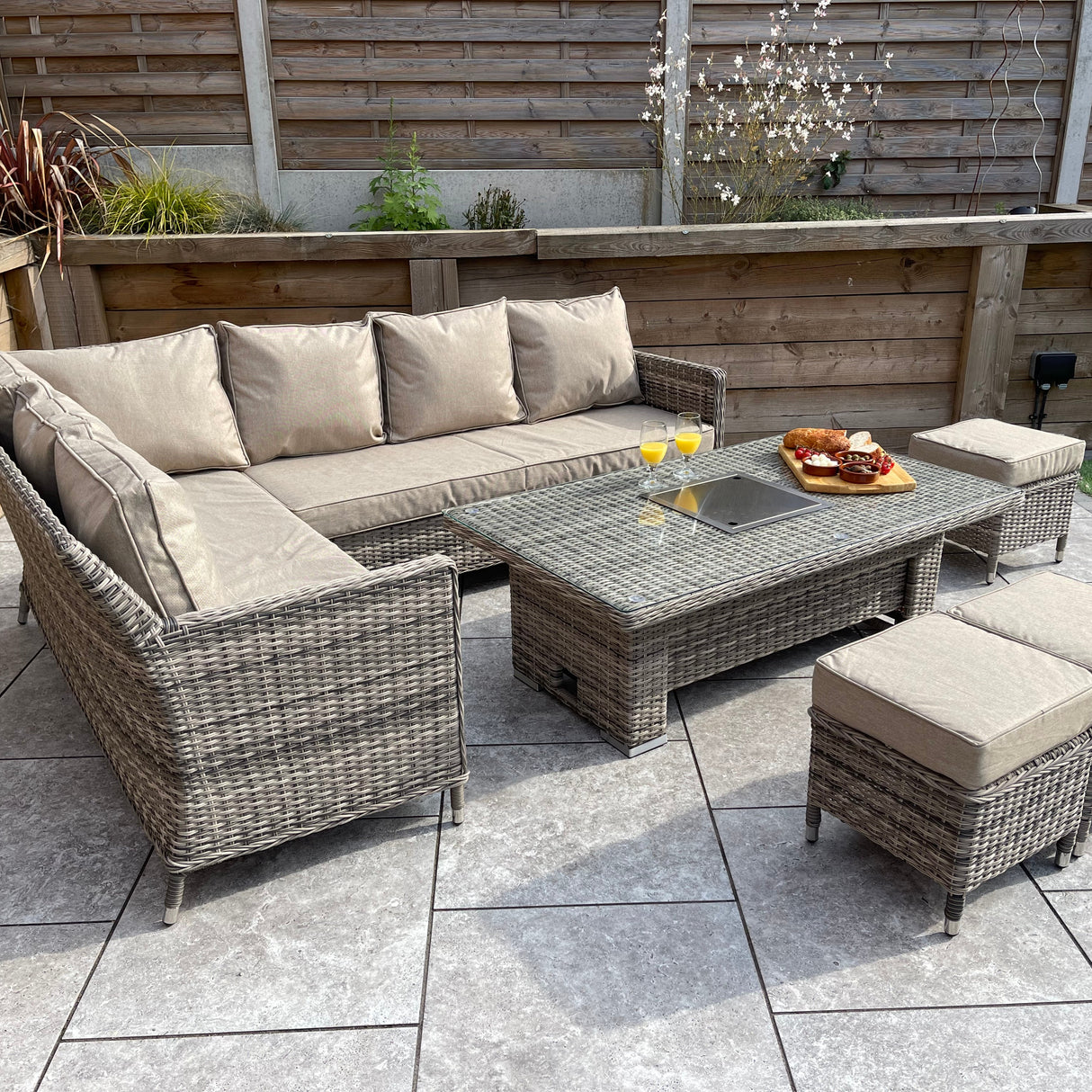 Signature Weave Edwina Corner Sofa Dining Set with Ice Bucket Lift Table and 3 Ottomans - Mixed Nature Weave