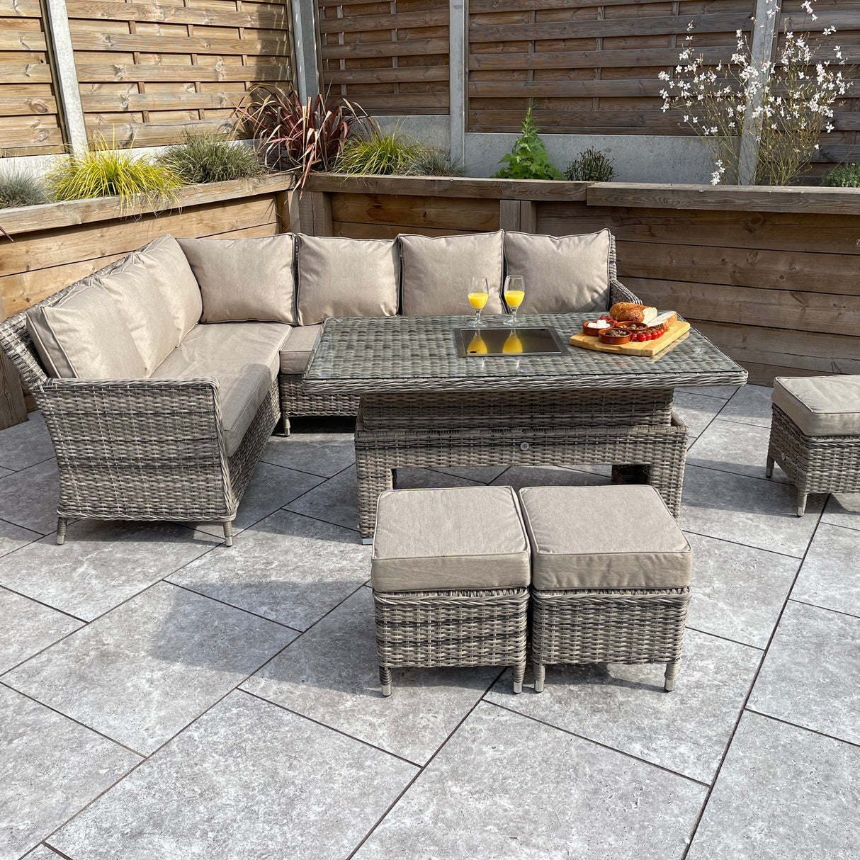 Signature Weave Edwina Corner Sofa Dining Set with Ice Bucket Lift Table and 3 Ottomans - Mixed Nature Weave
