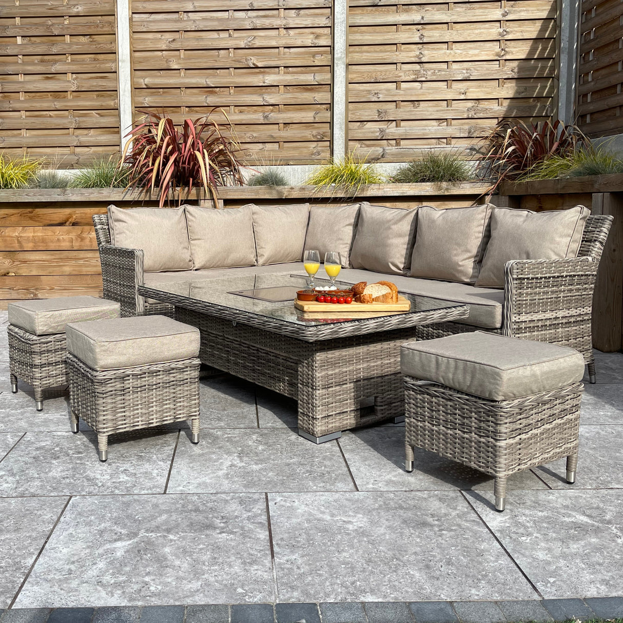 Signature Weave Edwina Corner Sofa Dining Set with Ice Bucket Lift Table and 3 Ottomans - Mixed Nature Weave