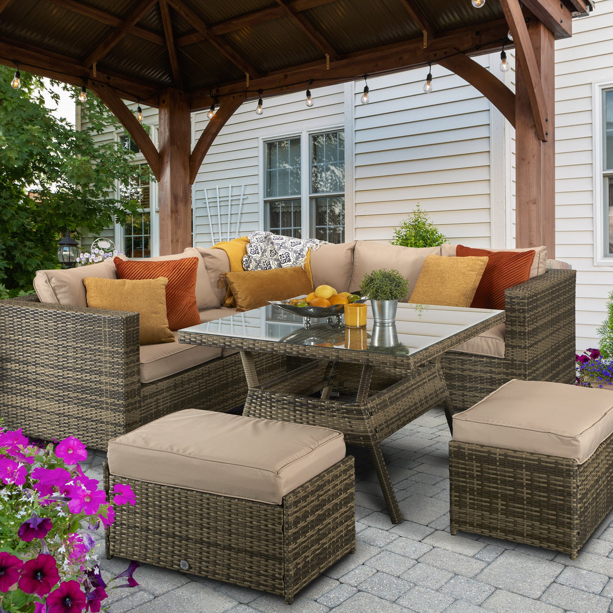 Signature Weave Georgia Six-Seat Corner Sofa Dining Set with Glass Top Table and 2 Ottomans - Mixed Brown
