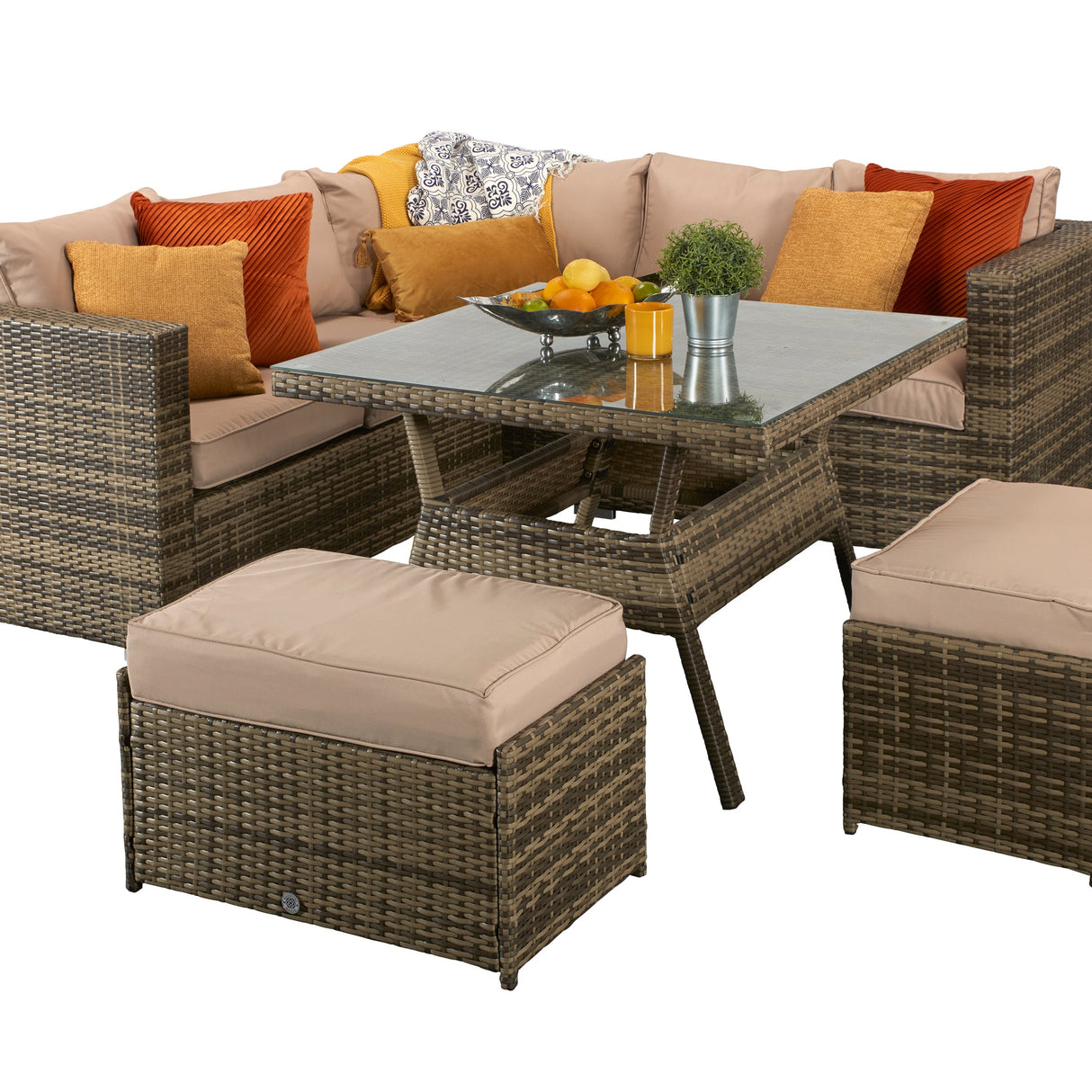 Signature Weave Georgia Six-Seat Corner Sofa Dining Set with Glass Top Table and 2 Ottomans - Mixed Brown