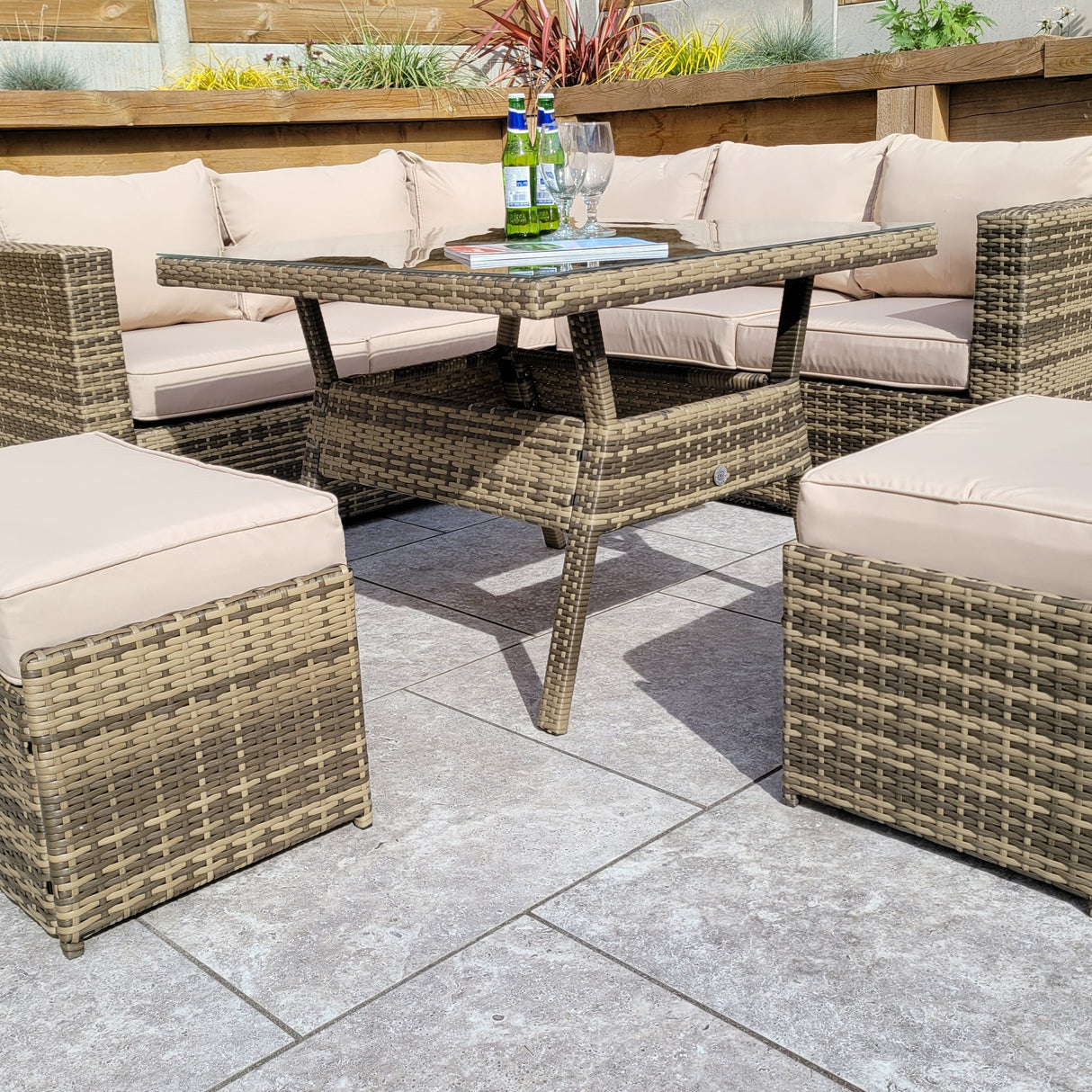 Signature Weave Georgia Six-Seat Corner Sofa Dining Set with Glass Top Table and 2 Ottomans - Mixed Brown