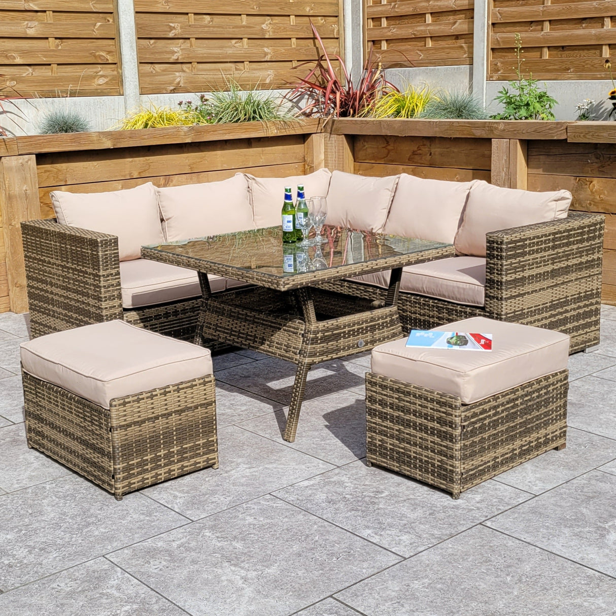 Signature Weave Georgia Six-Seat Corner Sofa Dining Set with Glass Top Table and 2 Ottomans - Mixed Brown