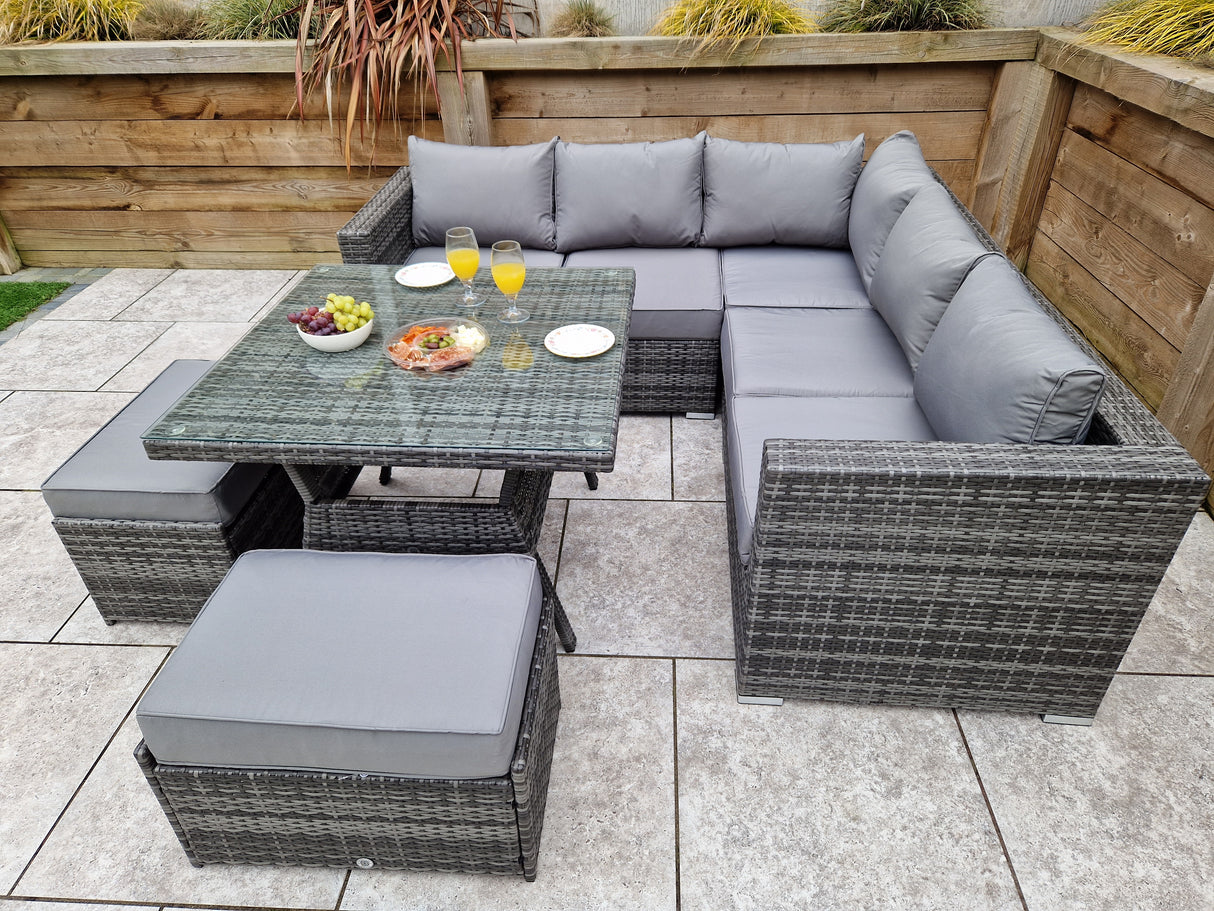 Signature Weave Georgia Six-Seat Corner Sofa Dining Set with Glass Top Table and 2 Ottomans - Grey