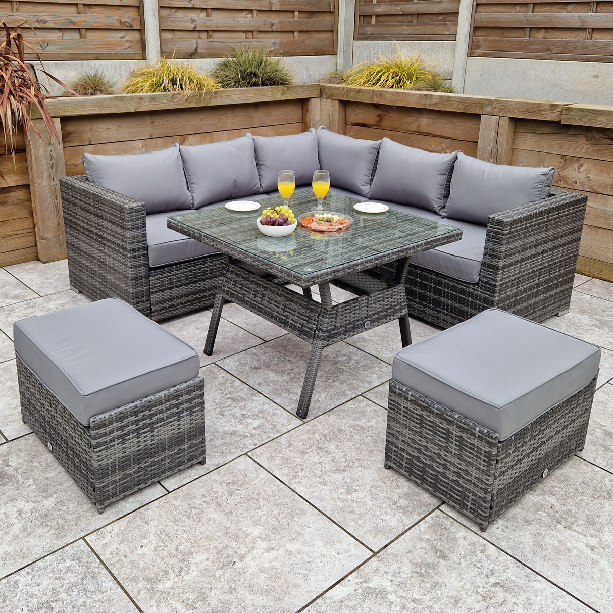 Signature Weave Georgia Six-Seat Corner Sofa Dining Set with Glass Top Table and 2 Ottomans - Grey