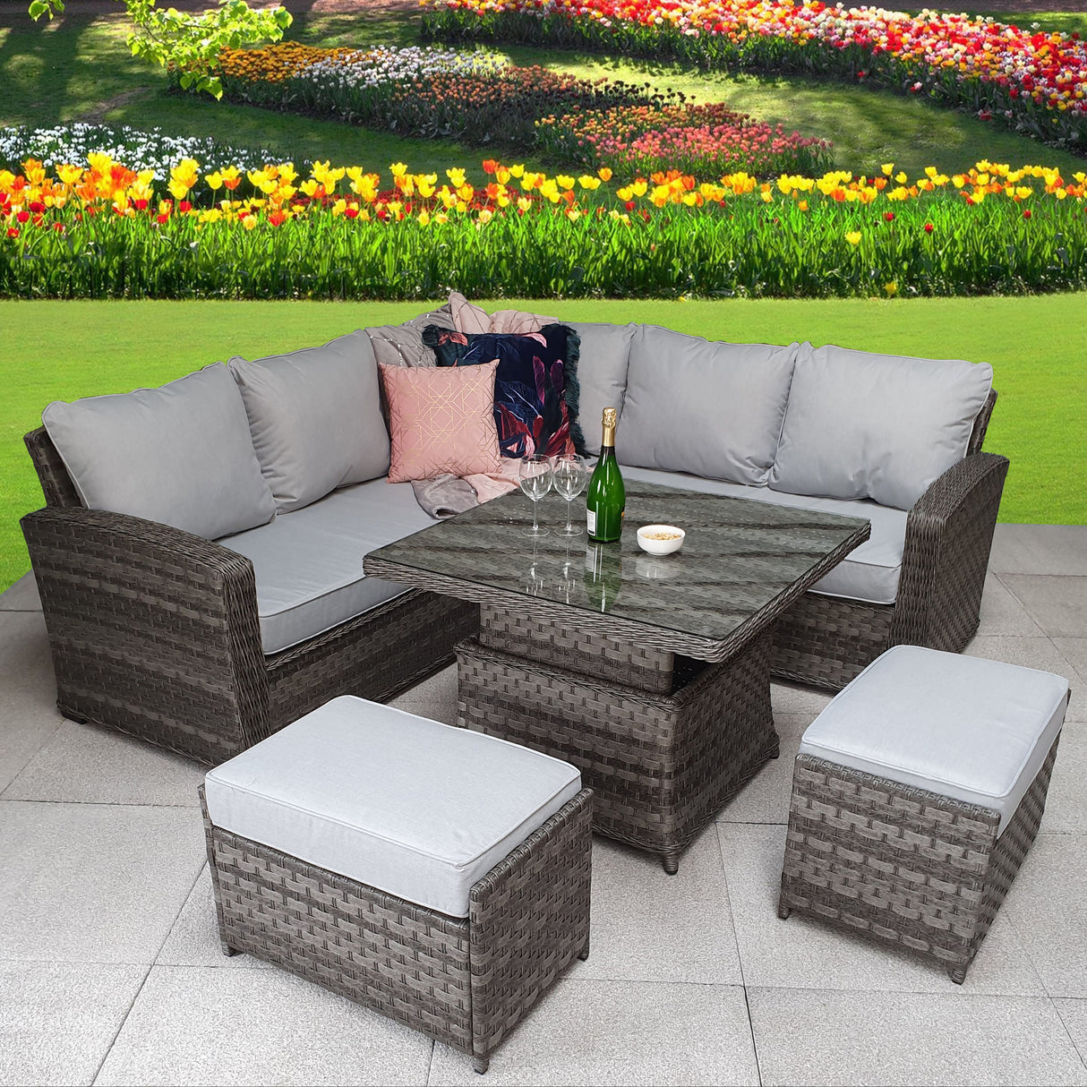 Signature Weave Grace Corner Sofa Dining Set with Glass Top Lift Table and 2 Ottomans
