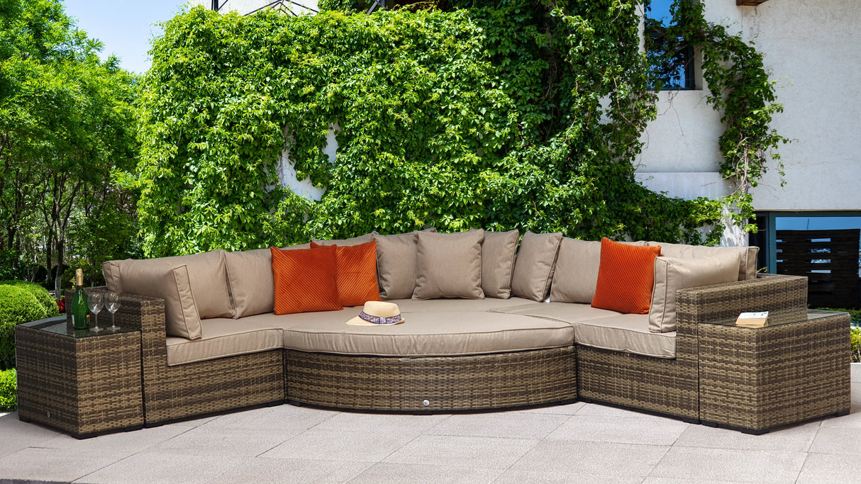 Signature Weave Jessica Large Corner Sofa Set with Chaise and 2 Glass Top Side Tables - Mixed Brown