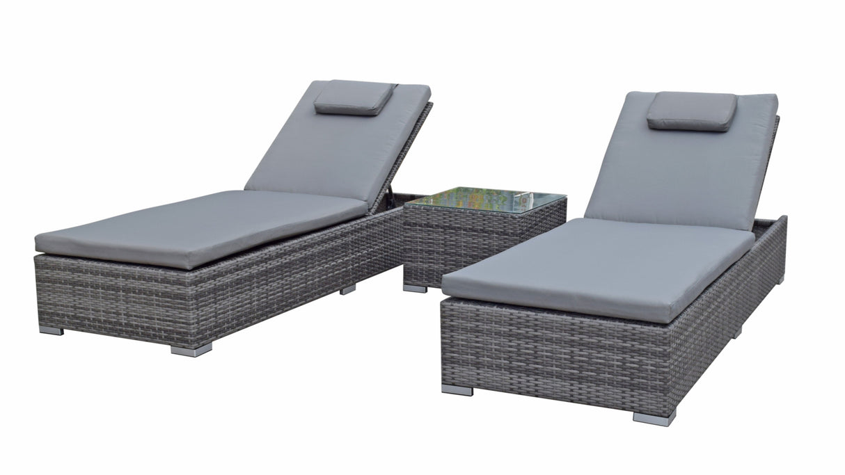 Signature Weave Jessica Pair of Sun Loungers with Glass Top Drinks Table - Grey