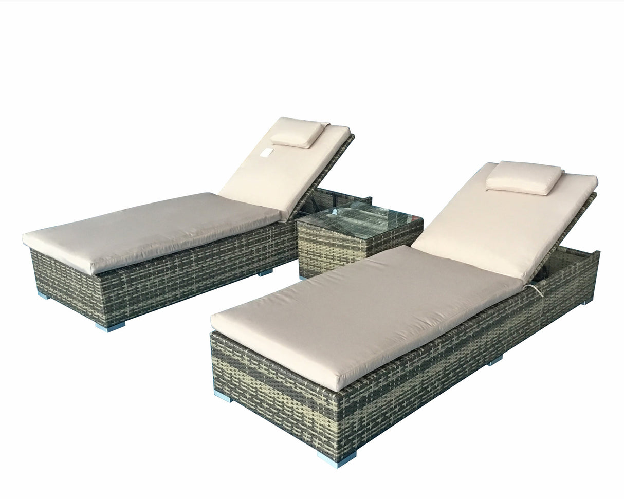 Signature Weave Jessica Pair of Sun Loungers with Glass Top Drinks Table - Nature Brown