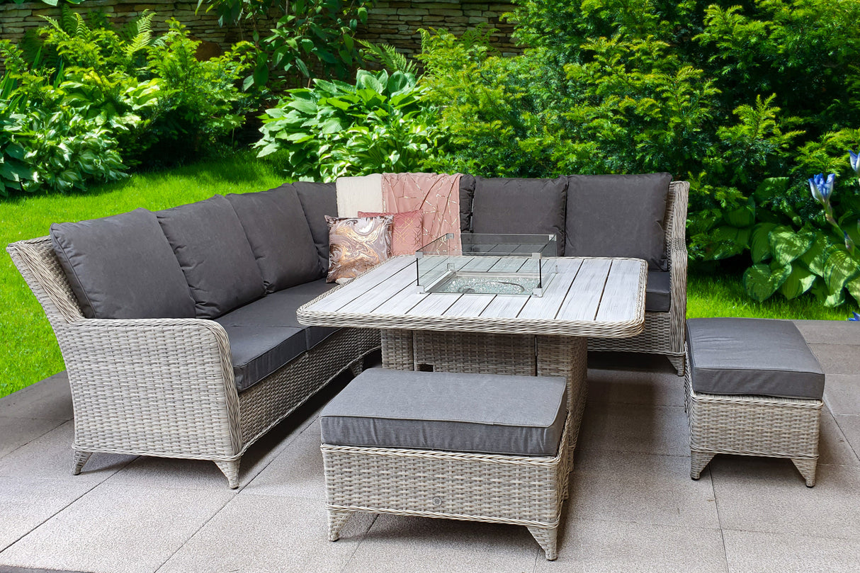 Signature Weave Meghan Large Corner Sofa Dining Set with Firepit Table and 2 Ottomans