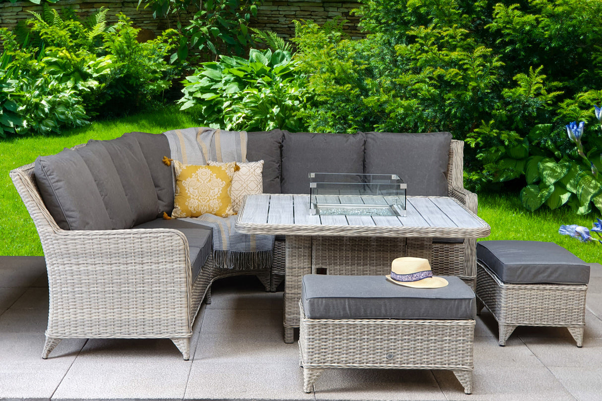 Signature Weave Meghan Large Corner Sofa Dining Set with Firepit Table and 2 Ottomans