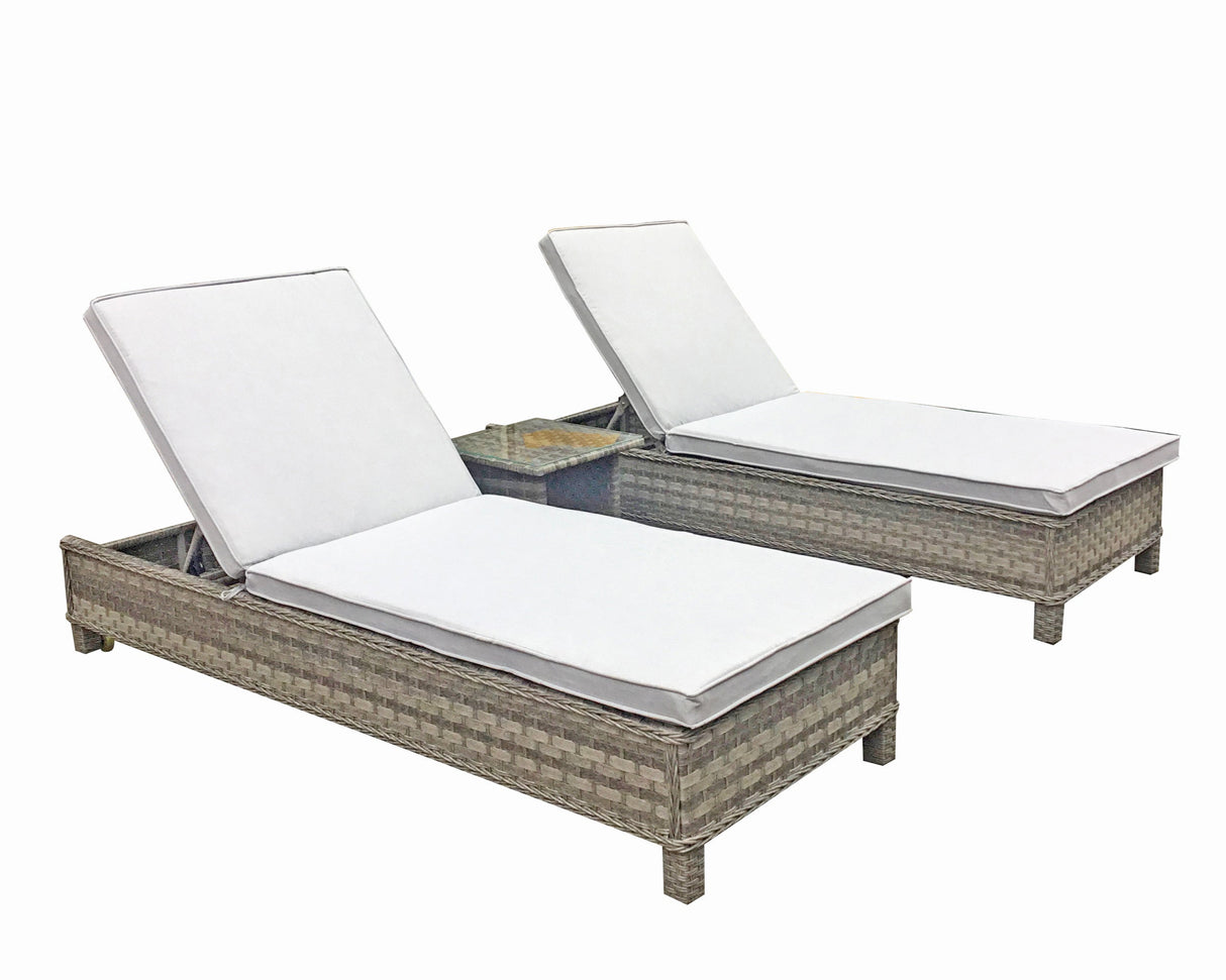Signature Weave Sarena Sunbed Pair with Drinks Table - Grey Victoria Weave