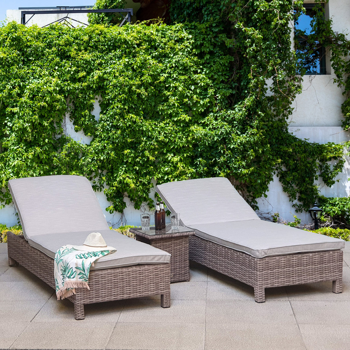 Signature Weave Sarena Sunbed Pair with Drinks Table - Grey Alexandra Weave