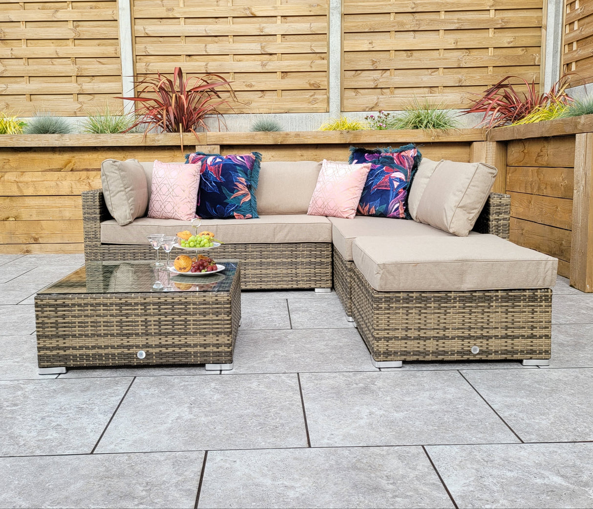 Signature Weave Savannah Corner Sofa Set with Chaise and Glass Top Coffee Table - Nature/Brown