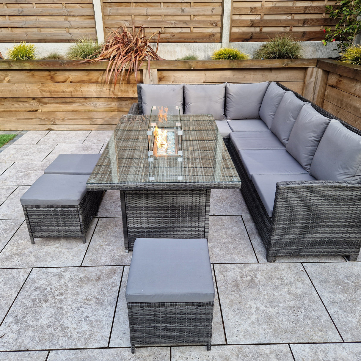 Signature Weave Charlotte Corner Sofa Dining Set with Firepit Table and 3 Ottomans