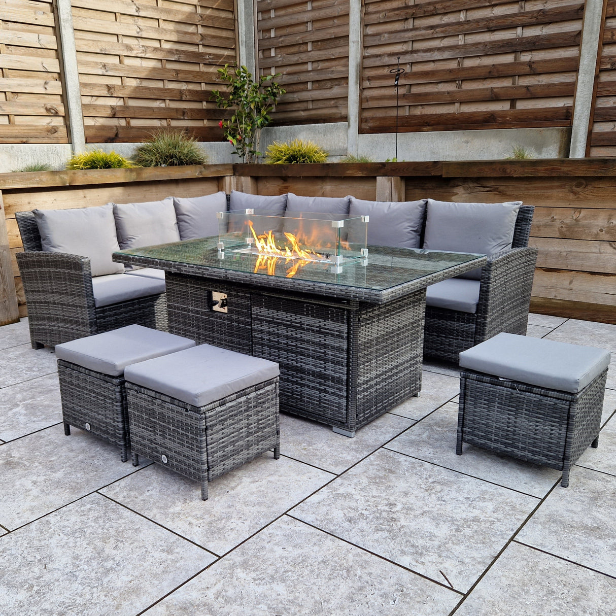 Signature Weave Charlotte Corner Sofa Dining Set with Firepit Table and 3 Ottomans