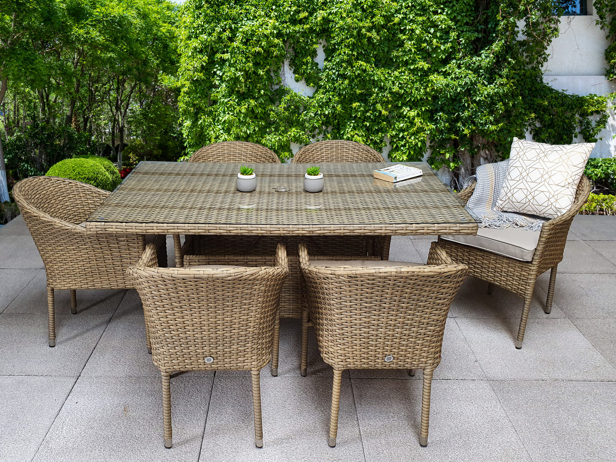 Signature Weave Darcey Six-Seat Rectangular Dining Table Set with 6 Stacking Chairs – Nature