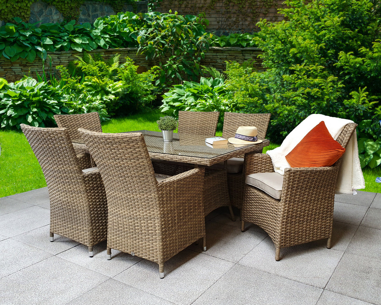 Signature Weave Darcey Six-Seat Rectangular Dining Table Set with 6 High-Back Dining Chairs – Nature