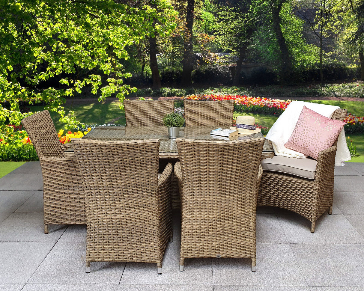 Signature Weave Darcey Six-Seat Rectangular Dining Table Set with 6 High-Back Dining Chairs – Nature