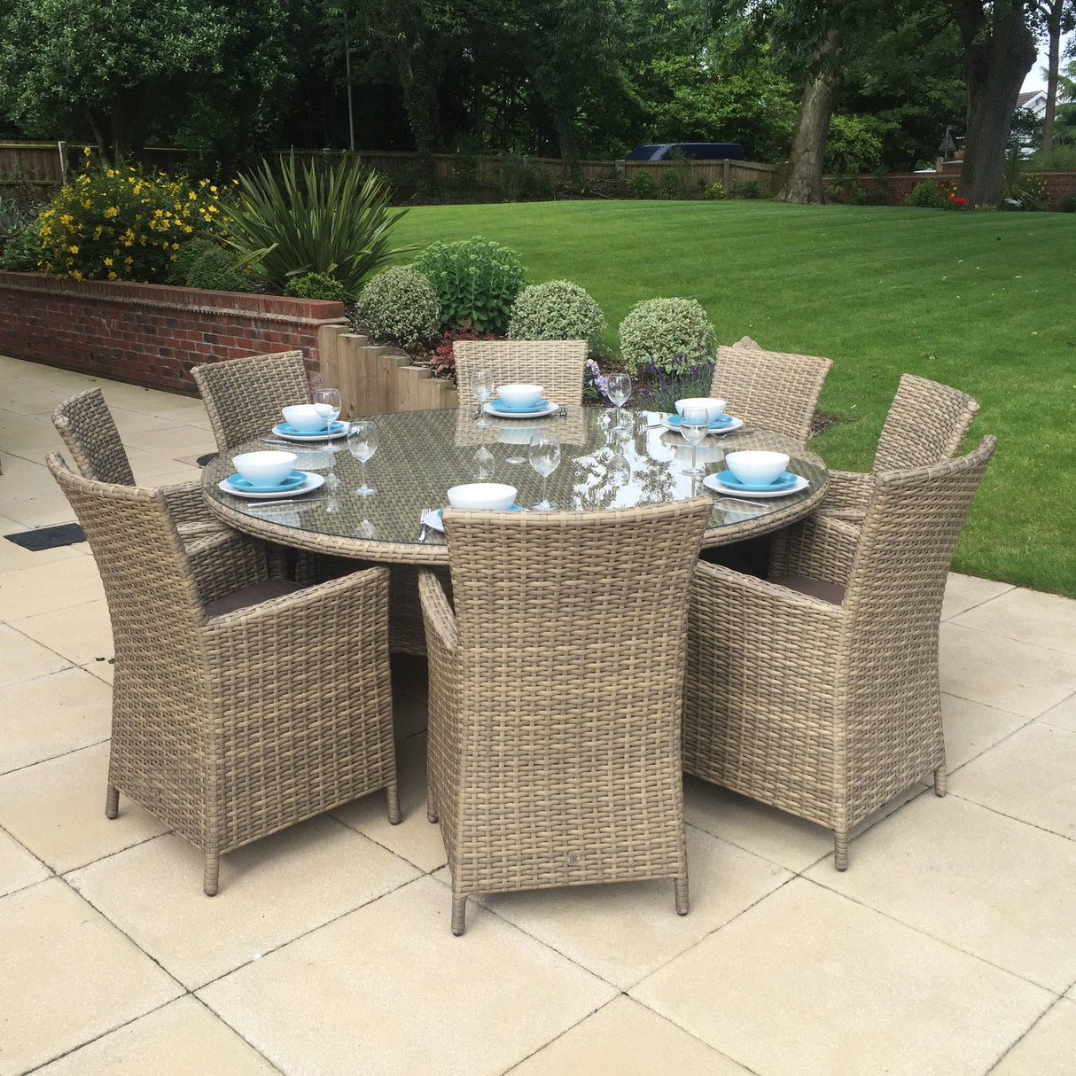 Signature Weave Darcey Eight-Seat Round Dining Table Set with 8 High-Back Dining Chairs – Nature