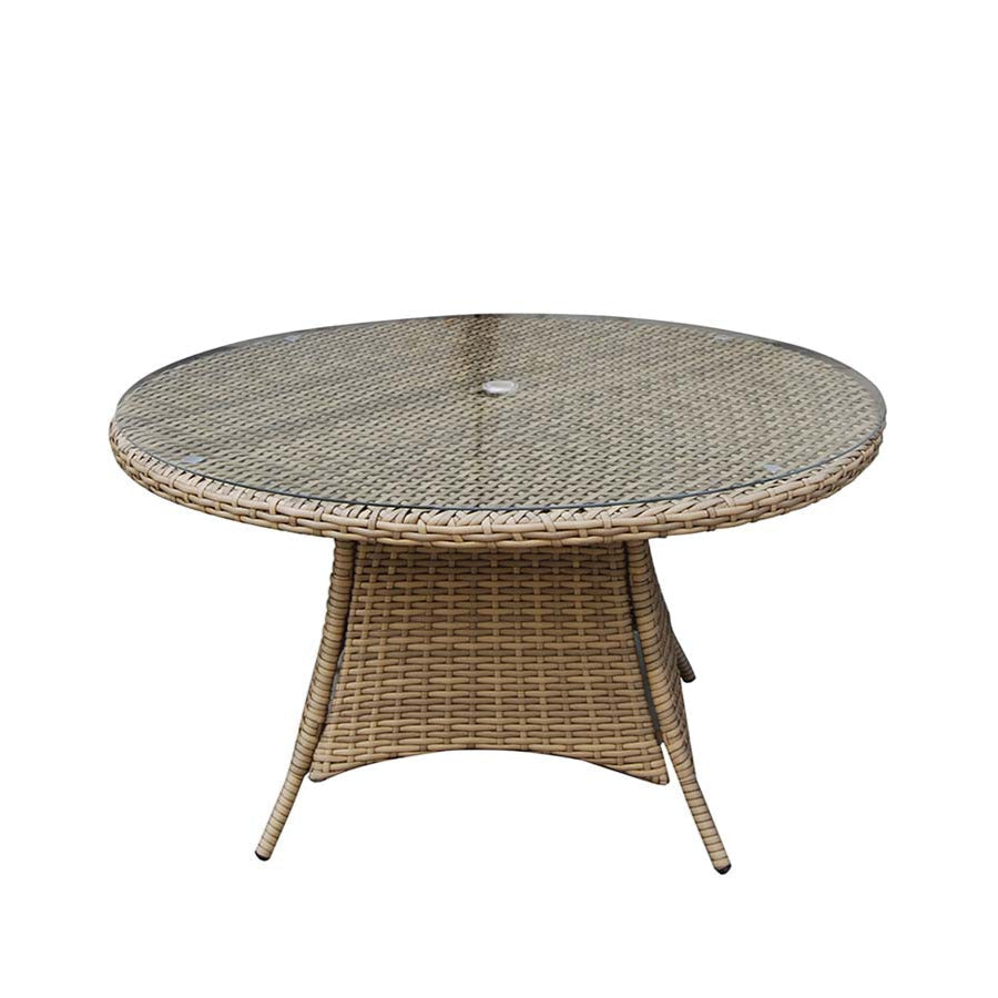 Signature Weave Darcey Four-Seat Round Dining Table Set with 4 Stacking Chairs – Nature