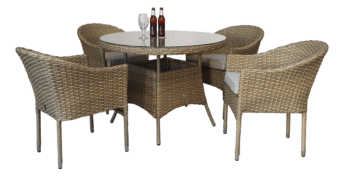 Signature Weave Darcey Four-Seat Round Dining Table Set with 4 Stacking Chairs – Nature