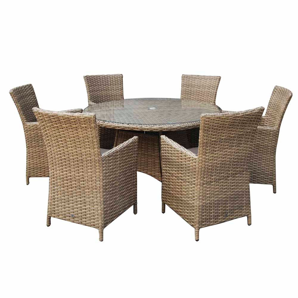 Signature Weave Darcey Six-Seat Round Dining Table Set with 6 High-Back Dining Chairs – Nature