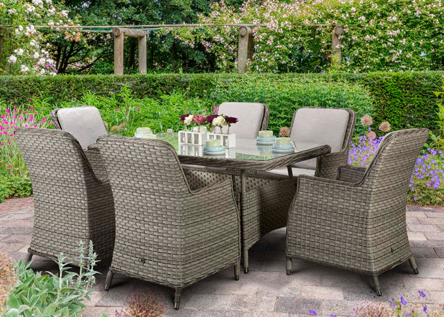 Signature Weave Edwina Six-Seat Rectangular Dining Table Set with 6 Dining Chairs – 3 Wicker Special Grey Weave