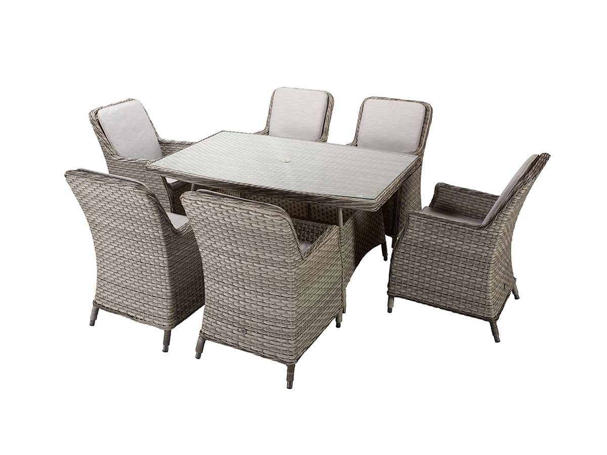 Signature Weave Edwina Six-Seat Rectangular Dining Table Set with 6 Dining Chairs – 3 Wicker Special Grey Weave