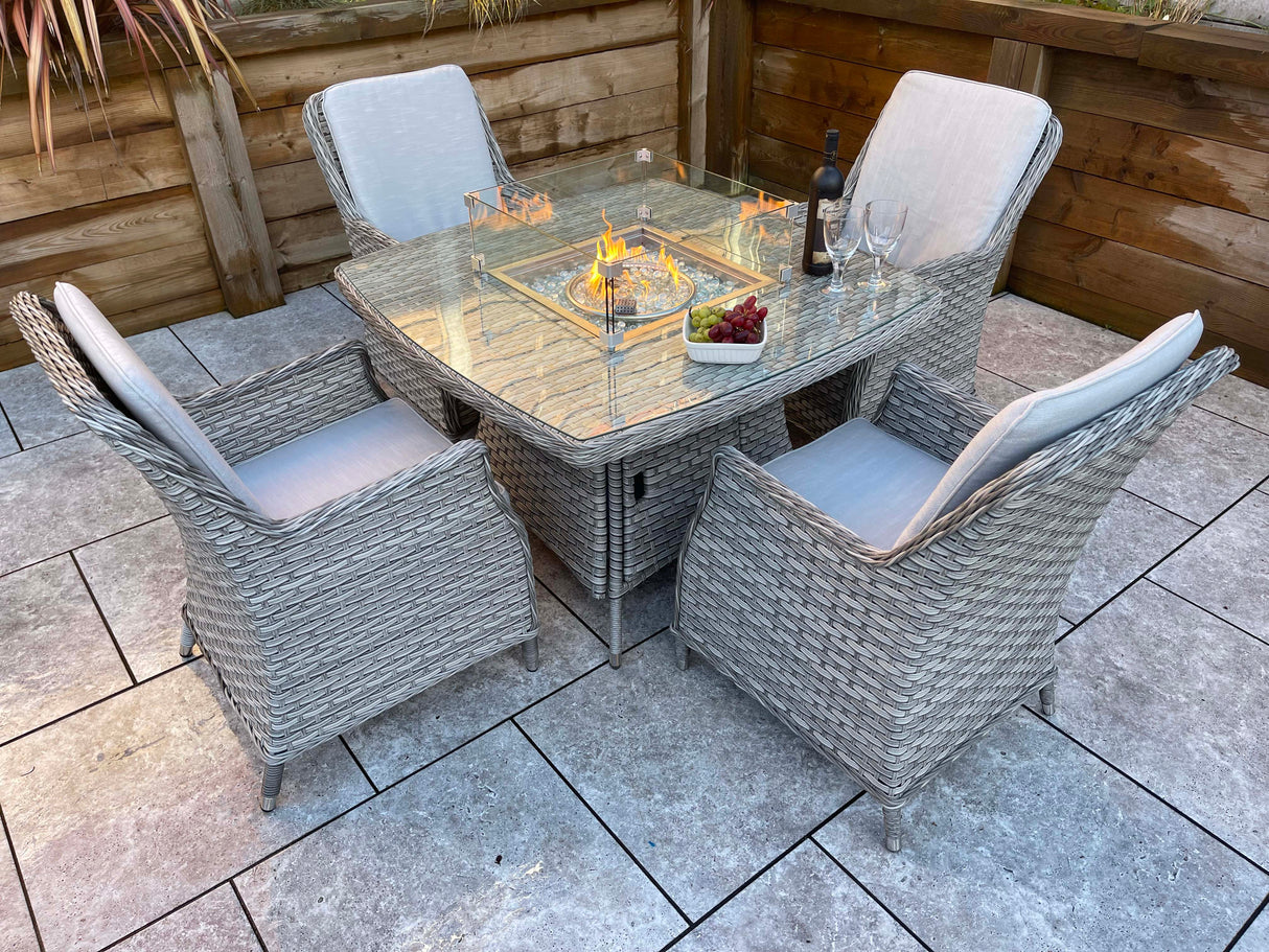 Signature Weave Edwina Four-Seat Square Gas Firepit Dining Set with 4 Dining Chairs – 3 Wicker Special Grey Weave
