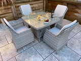 Signature Weave Edwina Four-Seat Square Gas Firepit Dining Set with 4 Dining Chairs – 3 Wicker Special Grey Weave