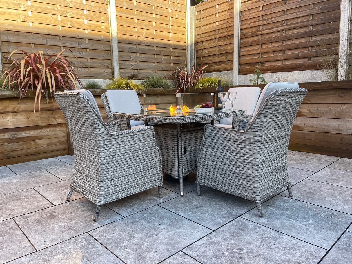 Signature Weave Edwina Four-Seat Square Gas Firepit Dining Set with 4 Dining Chairs – 3 Wicker Special Grey Weave