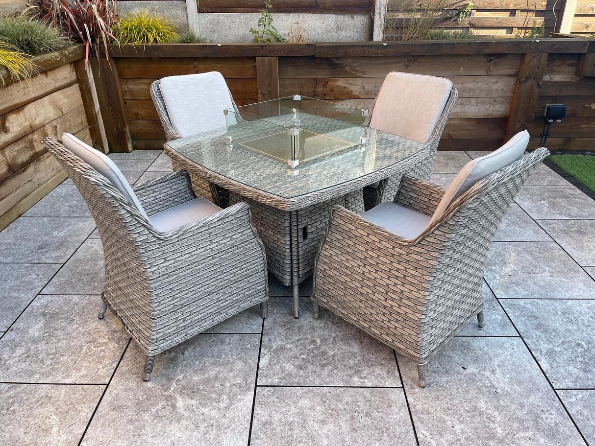 Signature Weave Edwina Four-Seat Square Gas Firepit Dining Set with 4 Dining Chairs – 3 Wicker Special Grey Weave