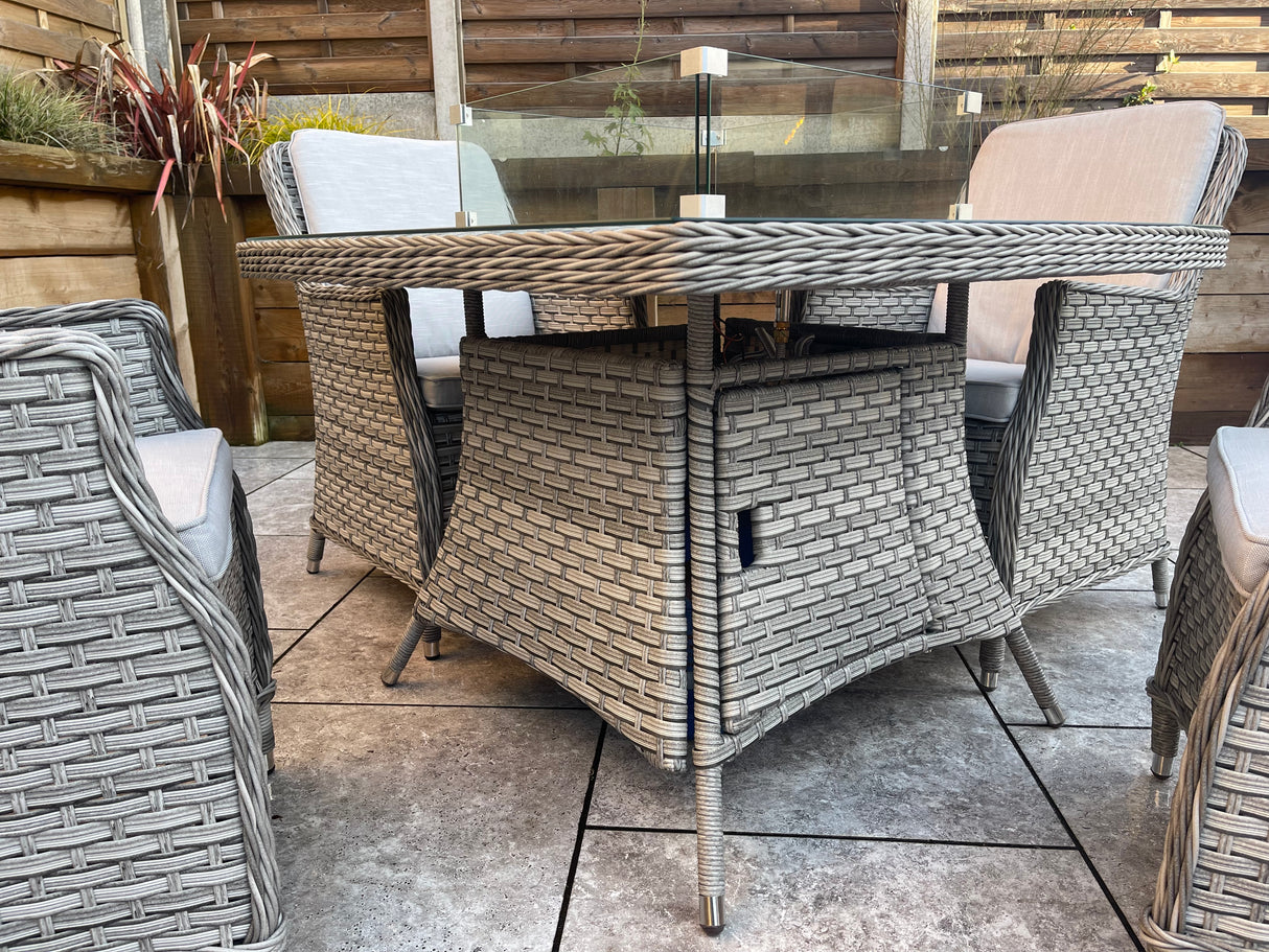 Signature Weave Edwina Four-Seat Square Gas Firepit Dining Set with 4 Dining Chairs – 3 Wicker Special Grey Weave