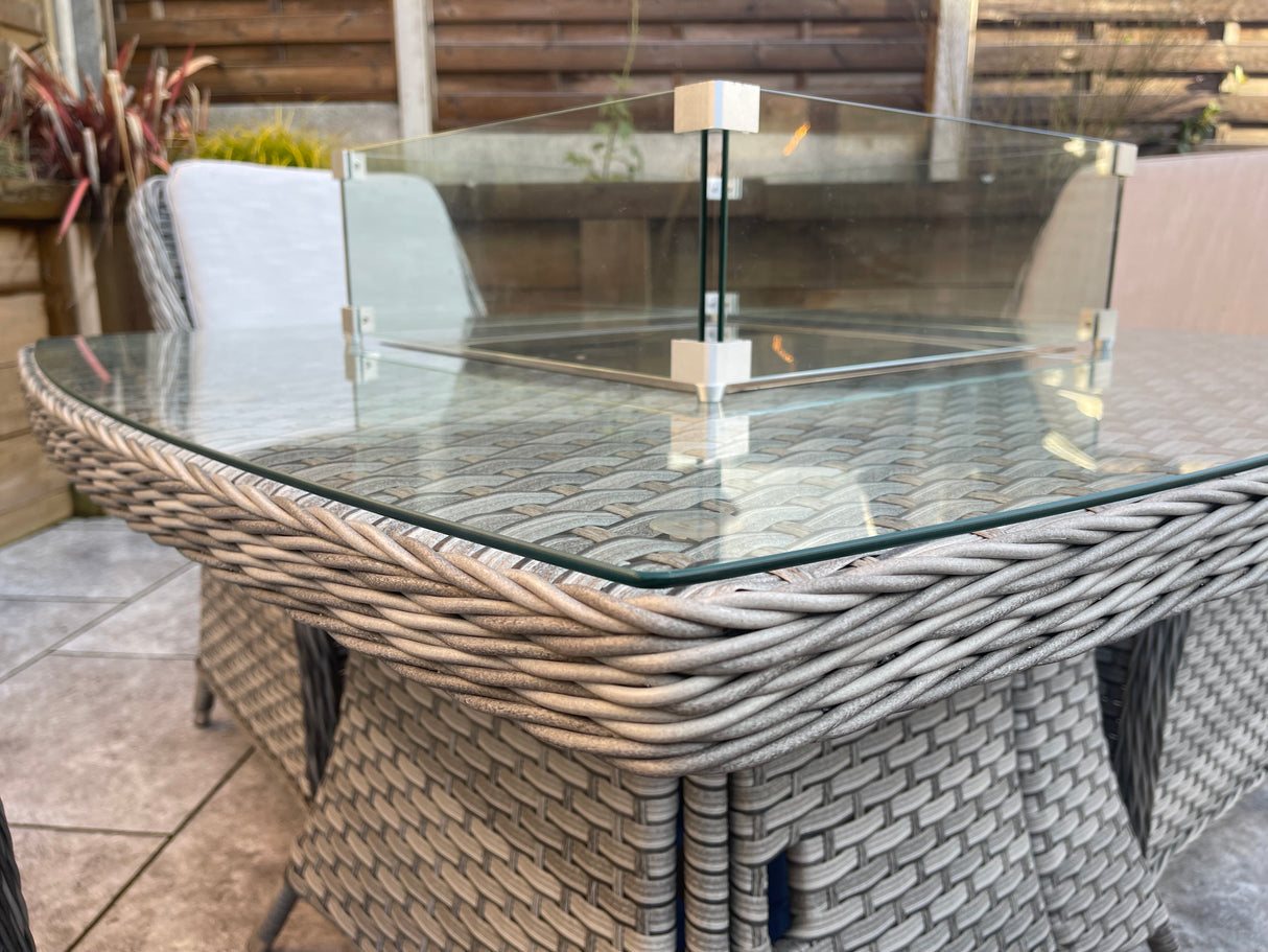 Signature Weave Edwina Four-Seat Square Gas Firepit Dining Set with 4 Dining Chairs – 3 Wicker Special Grey Weave