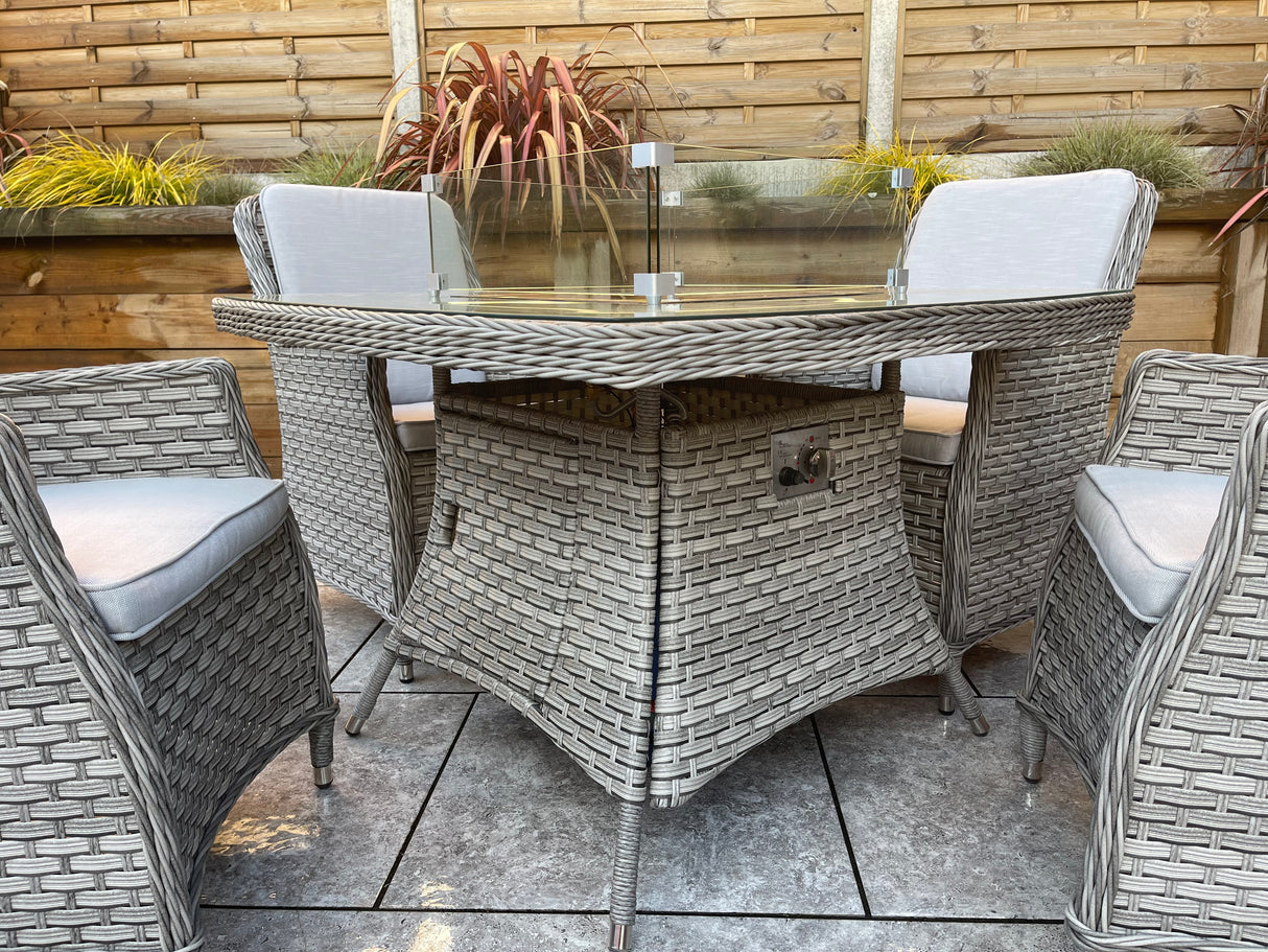 Signature Weave Edwina Four-Seat Square Gas Firepit Dining Set with 4 Dining Chairs – 3 Wicker Special Grey Weave