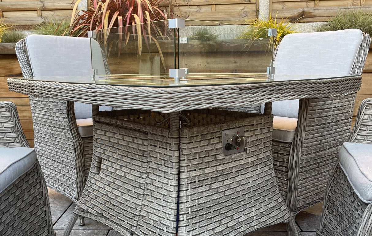 Signature Weave Edwina Four-Seat Square Gas Firepit Dining Set with 4 Dining Chairs – 3 Wicker Special Grey Weave