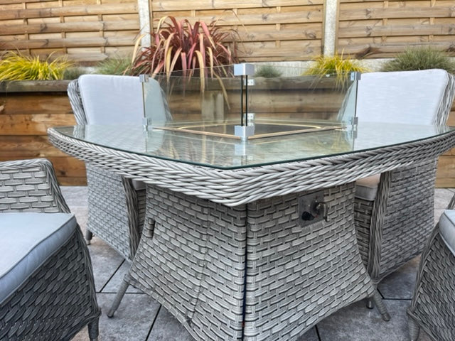 Signature Weave Edwina Four-Seat Square Gas Firepit Dining Set with 4 Dining Chairs – 3 Wicker Special Grey Weave