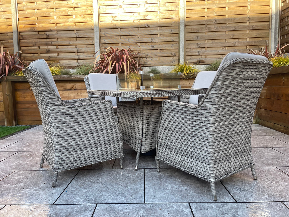 Signature Weave Edwina Four-Seat Square Gas Firepit Dining Set with 4 Dining Chairs – 3 Wicker Special Grey Weave