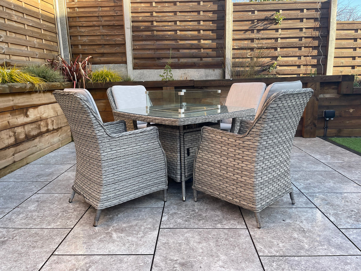 Signature Weave Edwina Four-Seat Square Gas Firepit Dining Set with 4 Dining Chairs – 3 Wicker Special Grey Weave